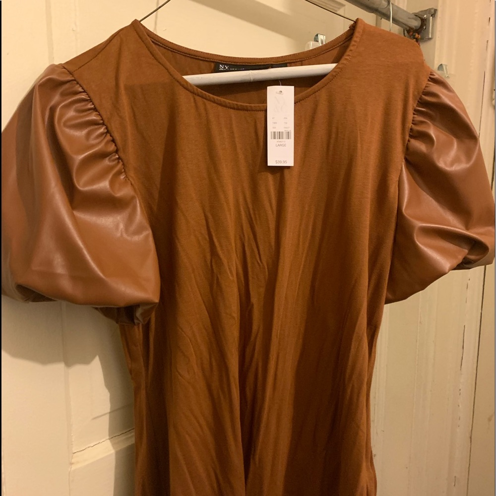 Brown top with leather sleeves